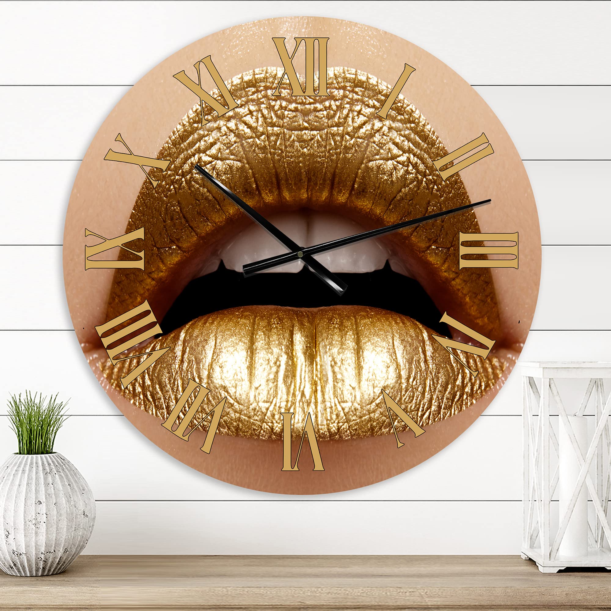 DesignQ Modern Large Wall Clock - Golden Lipstick Plump Lips Art for Bedroom Decor | Stylish Home & Office Wall Art | Perfect Gift for Women