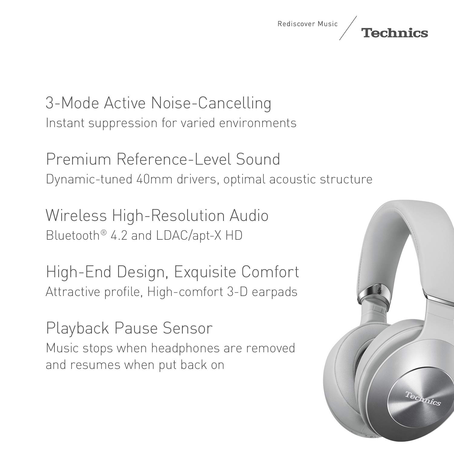 Technics Premium Hi-Res Wireless Bluetooth Stereo Headphones with 40mm Dynamic Drivers, ANC, Ambient Sound Mode & Auto Pause - EAH-F70N-S (Silver) | Perfect for Travel, Commuting & Home Entertainment