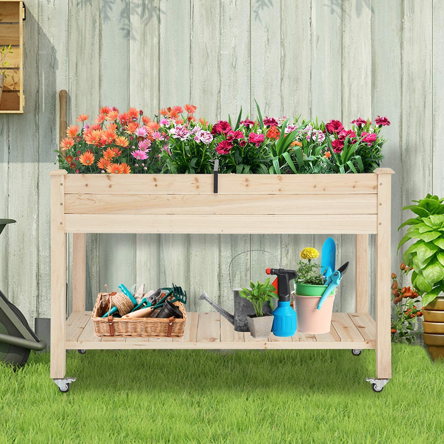 **Solid Wood Raised Garden Bed with Wheels & Storage Shelf - Elevated Planter Box for Vegetables, Flowers, Herbs - Indoor/Outdoor Use for Patio, Balcony, Backyard Gardening**