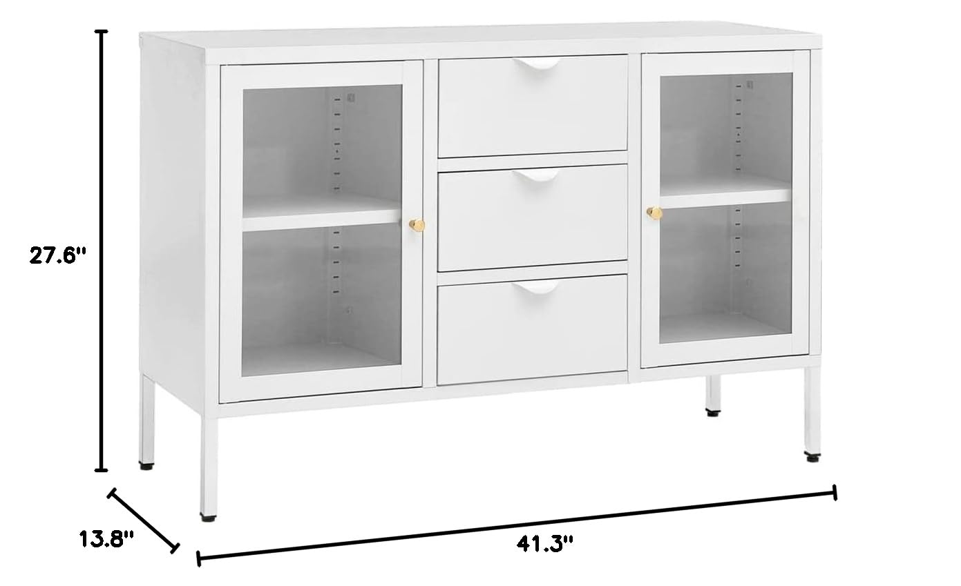 FAMIROSA White Steel Sideboard Cabinet with 3 Drawers & 2 Adjustable Shelves - 41.3