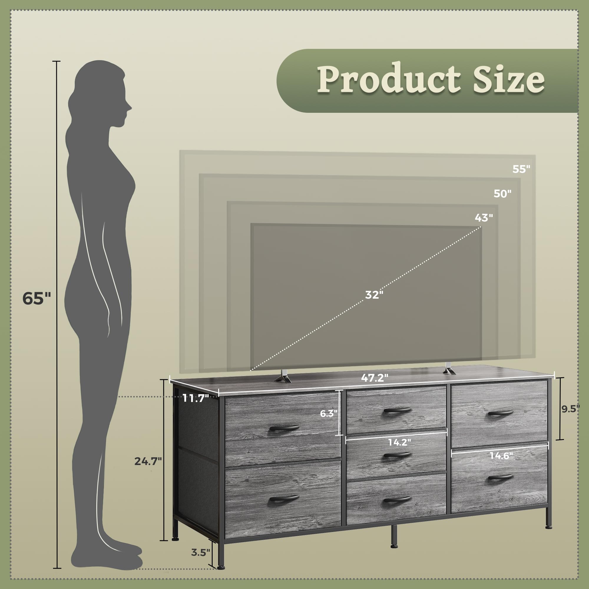 Huuger 7-Drawer Fabric Dresser with Metal Frame - 47 Inch Wide TV Stand for 43-55 Inch TVs, Bedroom Storage Organizer for Clothes, Toys & Accessories - Perfect for Small Spaces & Apartment Living (Grey)