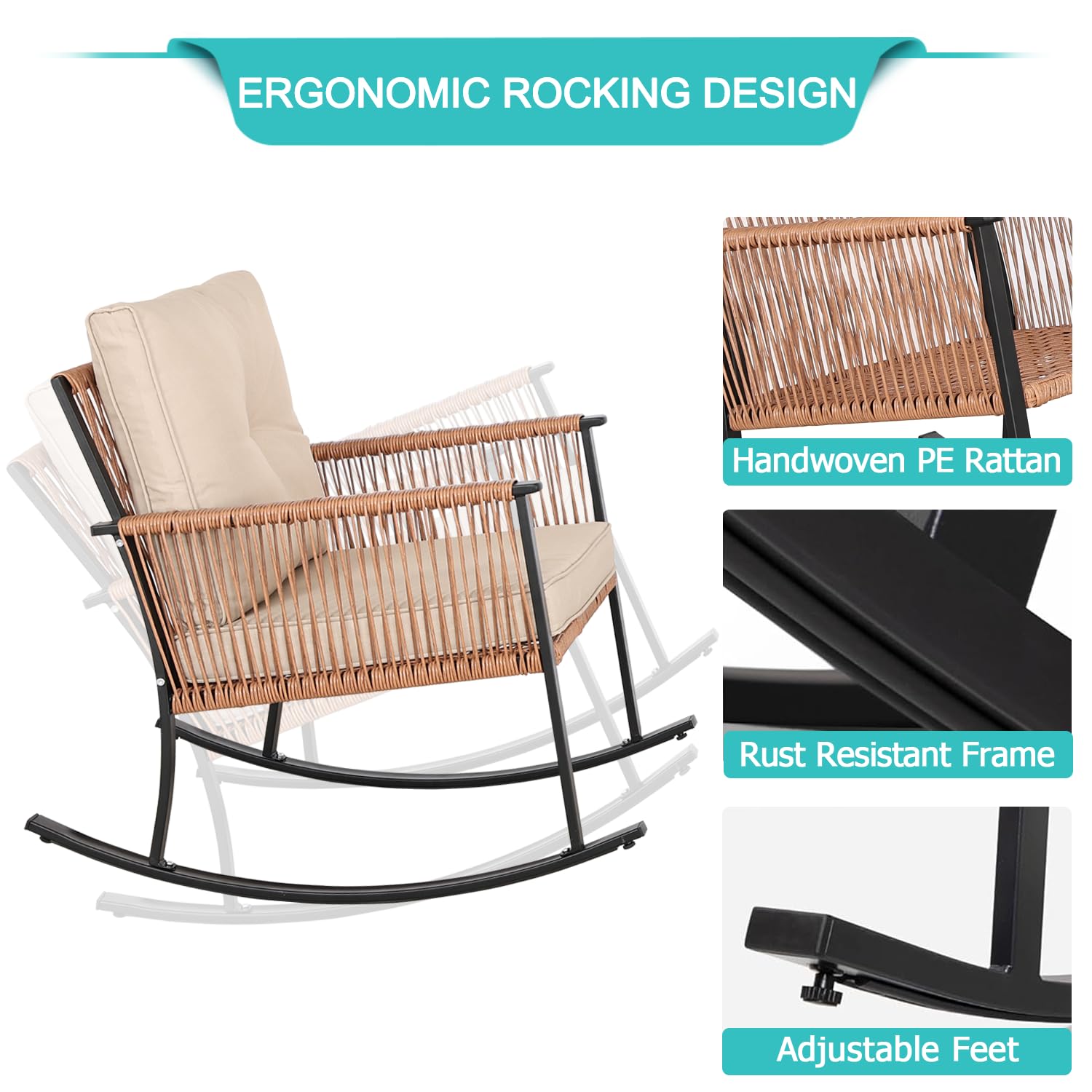 3-Piece Rocking Bistro Set - Oversized Rattan Patio Furniture with Thick Cushions & Coffee Table - Outdoor Conversation Set for Garden, Balcony, Backyard (Tan-Beige) - Perfect for Relaxing, Entertaining & Enjoying Morning Coffee in Your Outdoor Space