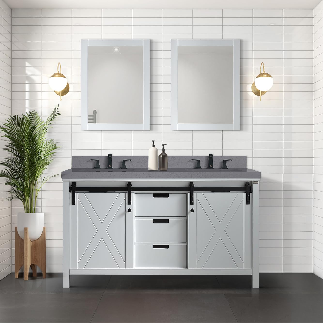 Ketchum 60-Inch White Double Bathroom Vanity with Grey Quartz Countertop & 24-Inch Mirrors - Modern Bathroom Furniture for Master Bath or Guest Bath Renovation