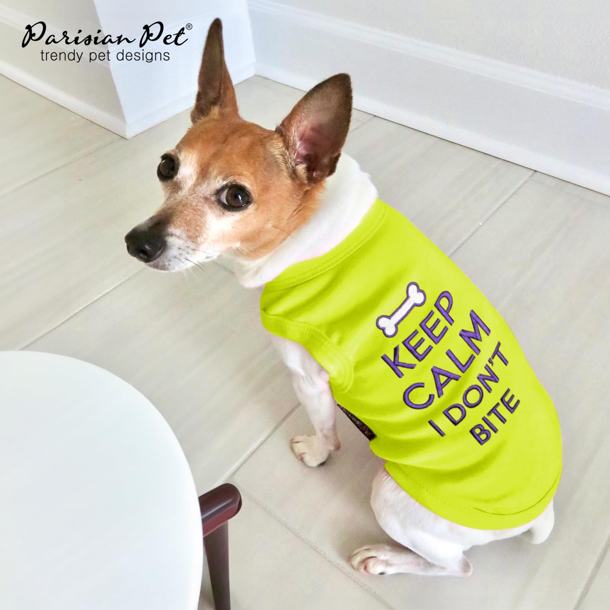 Parisian Pet Dog T-Shirt - Embroidered 'Keep Calm I Don't Bite' Sleeveless Dog Shirt - Breathable Lightweight Dog Vest for Small Breeds - Machine Washable Pet Clothing - Perfect for Walks, Pet Parties & Photo Shoots