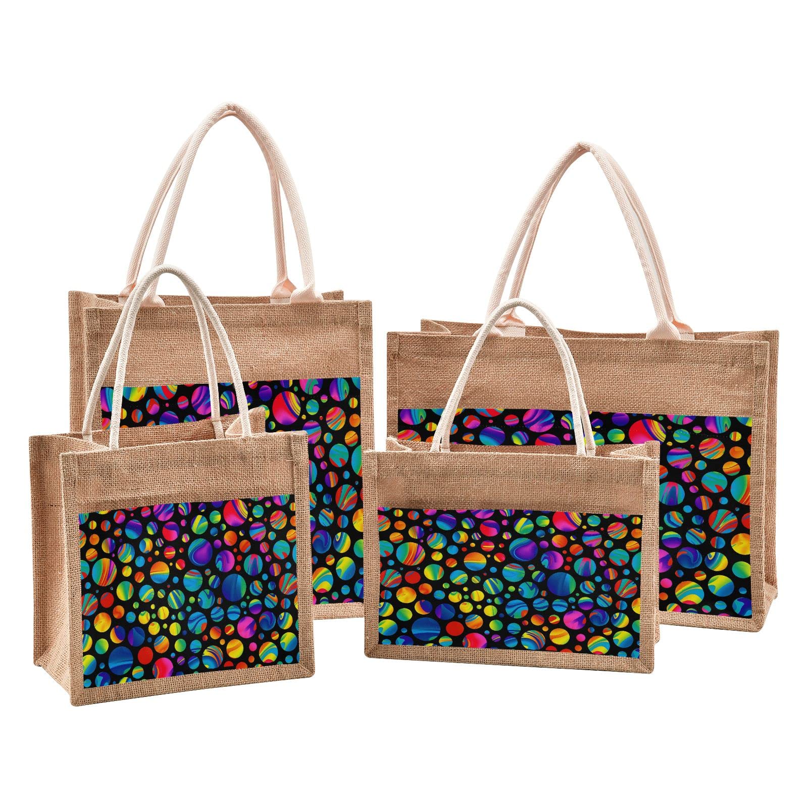 Vibrant Rainbow Dot Tie-Dye Jute Tote Bag for Women - Eco-Friendly Grocery Shopping Bag with Sturdy Handles - Perfect for Beach, Travel, Wedding & Everyday Use