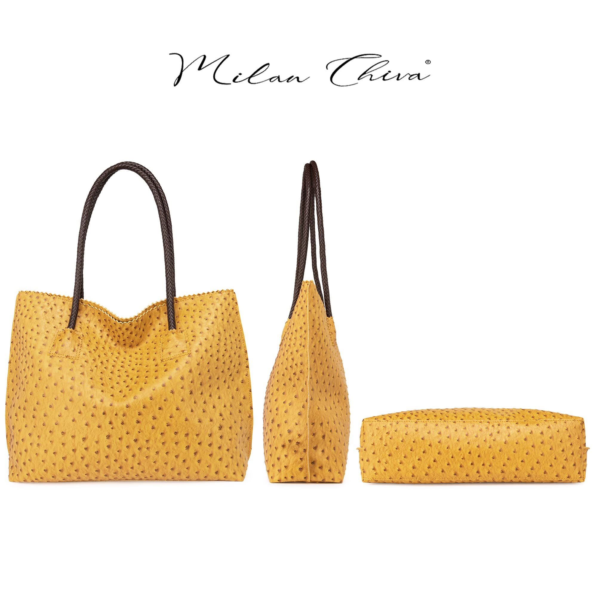 Milan Women's Large Vegan Leather Tote Bag with Zipper - Ostrich Pattern Shoulder Purse for Work, Travel & Shopping