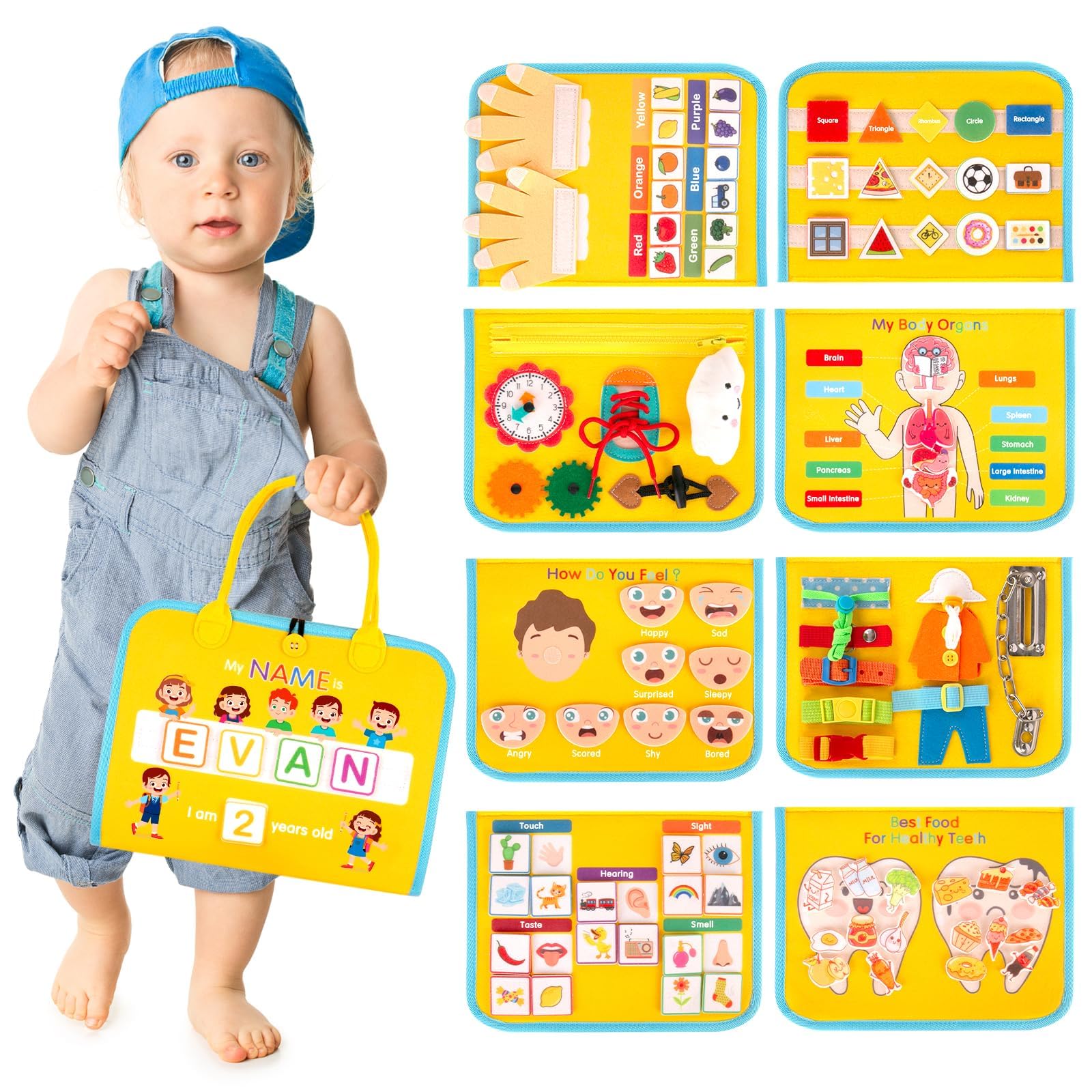 Montessori Busy Board for Toddlers - Sensory Learning Toy for Fine Motor Skills Development - Educational Activity Board for Boys & Girls - Perfect Christmas & Birthday Gift (Yellow) - Ideal for Home, Travel & Classroom Learning