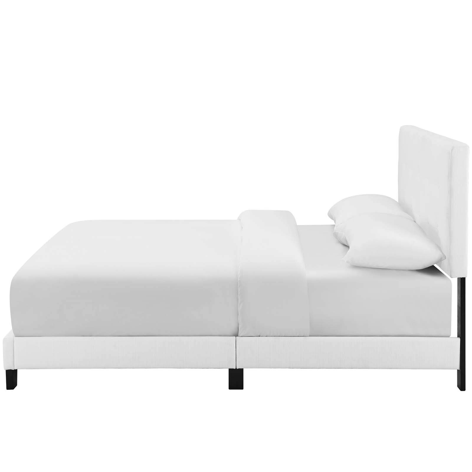 Modern Twin Size Platform Bed Frame - Contemporary Urban Design, Fabric Upholstered, White - Perfect for Small Bedrooms, Guest Rooms & Studio Apartments