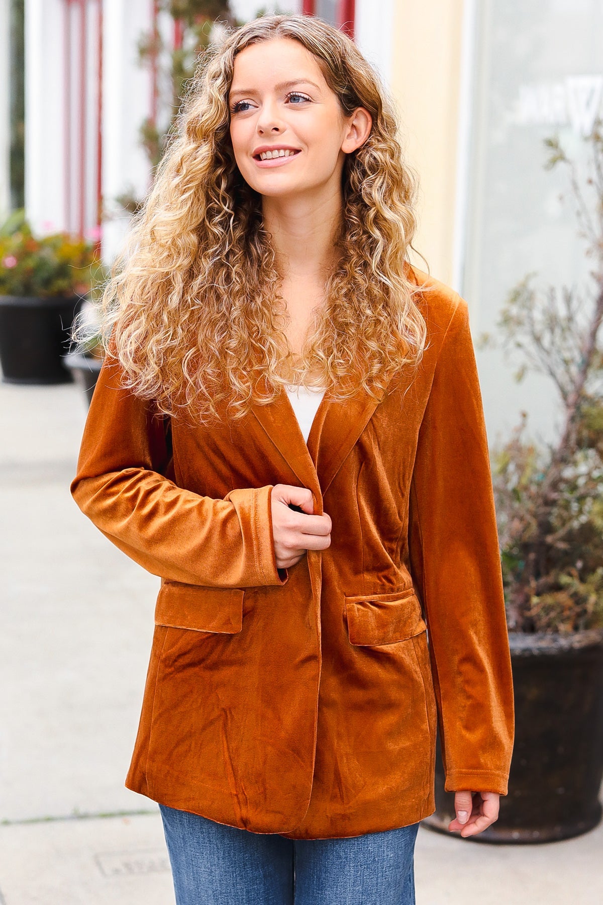 Stylish Rust Velvet Blazer with Lapel - Elegant Holiday Party Outfit for Women | Perfect for Christmas, Weddings & Special Occasions