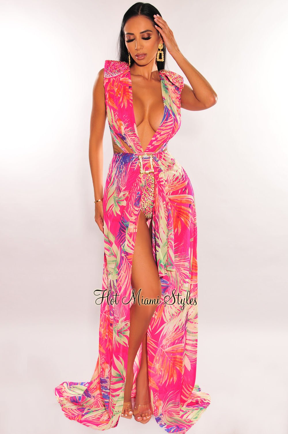 Fuchsia Tropical Print Plunge Studded Maxi Skirt Two Piece Set - Women's Boho Beach Outfit for Summer Vacation & Music Festivals