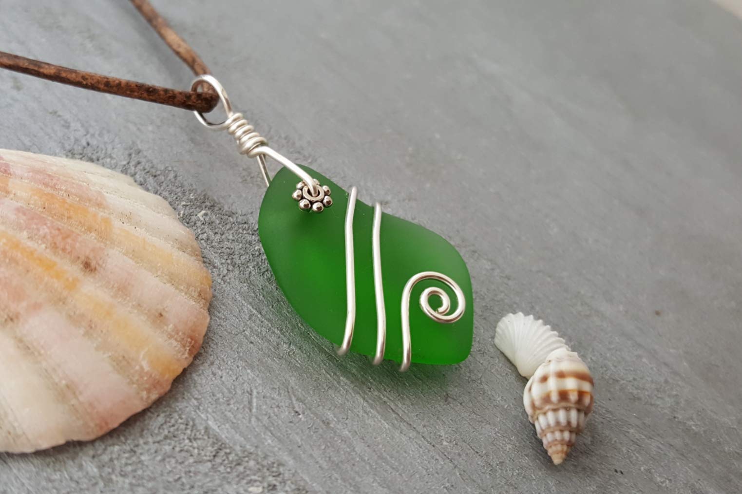 Handmade Hawaiian Necklace - Unisex Ocean Jewelry with Leather Cord & Wire Wrapped Sea Glass, May Birthstone Emerald Green Gift for Women & Men | Perfect for Beach Weddings, Birthday Presents & Tropical Vacations