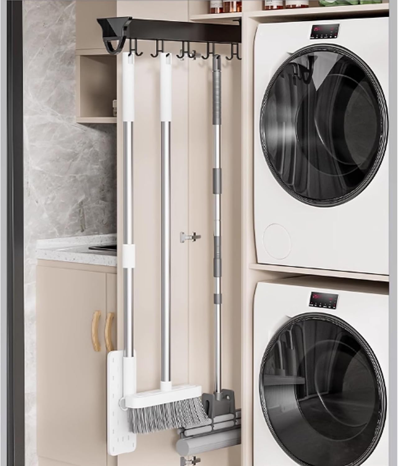 Heavy Duty Pull Out Mop Broom Holder & Organizer with 12-20 Hooks - Under Cabinet Sliding Pot Pan Organizer for Kitchen, Closet, Garage Storage - Perfect for Small Space Organization & Home Decluttering