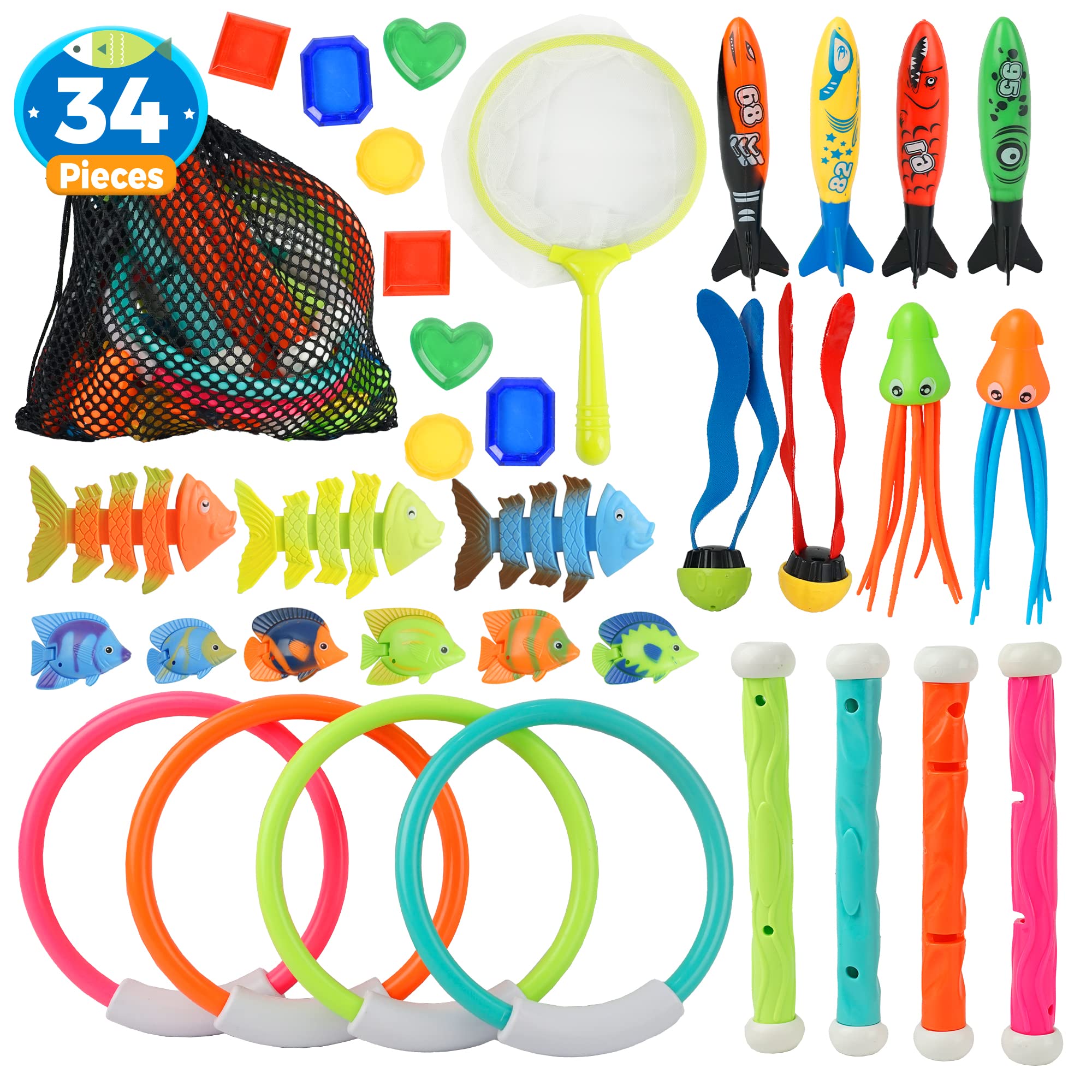 BELLOCHIDDO 34 PCS Pool Diving Toys Set with Storage Bag - Fun Underwater Swim Training Toys for Kids Ages 8-12 | Summer Swimming Pool Games for Boys & Girls | Perfect for Backyard Pools, Beach Vacations & Swim Lessons