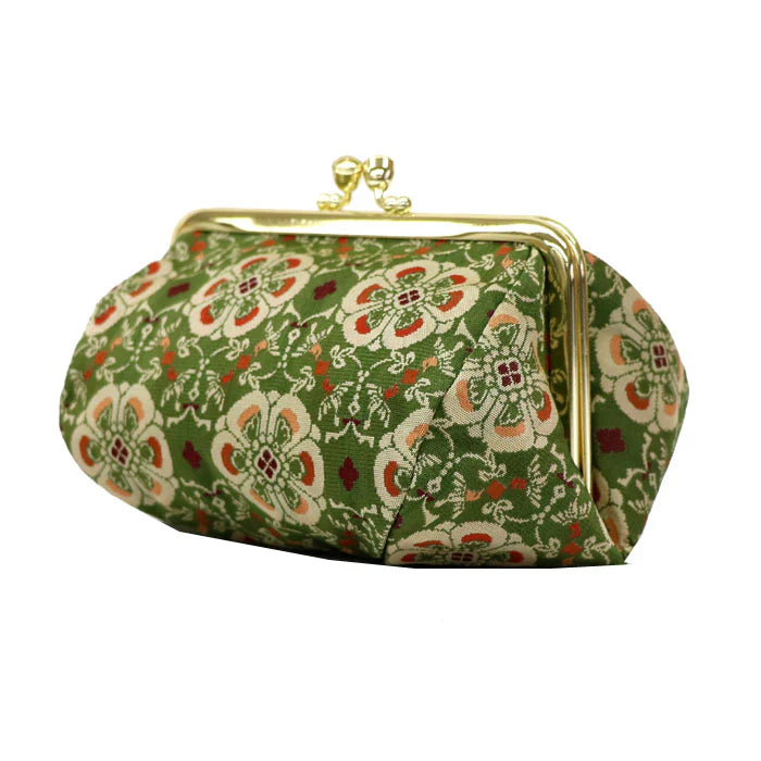 Nishijin Woven Small Pouch - Floral & Bird Design in Green | Handmade in Kyoto Japan | Cosmetic & Makeup Bag | Japanese Gamaguchi Style | Travel Toiletry Organizer | Stationery Pouch | Bag-in-Bag Organizer | Perfect for Daily Essentials, Travel & Gift Giving
