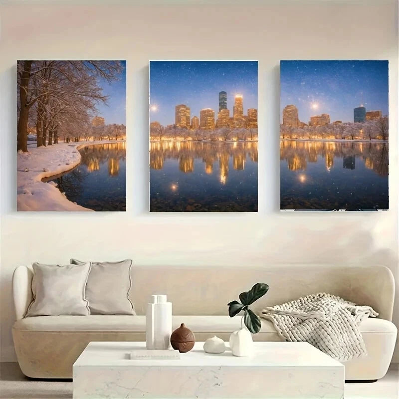 3pcs Snowy Night City Skyline Metal Wall Art Prints - Ready to Hang Winter Landscape Decor for Living Room, Bedroom & Office