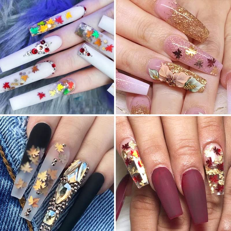 6 Grids 3D Fall Nail Art Stickers - Autumn Maple Leaf Glitter Nail Decals with Holographic Laser Sequins for Thanksgiving & Halloween Nail Designs - Perfect for Seasonal Manicures, Parties and Special Occasions
