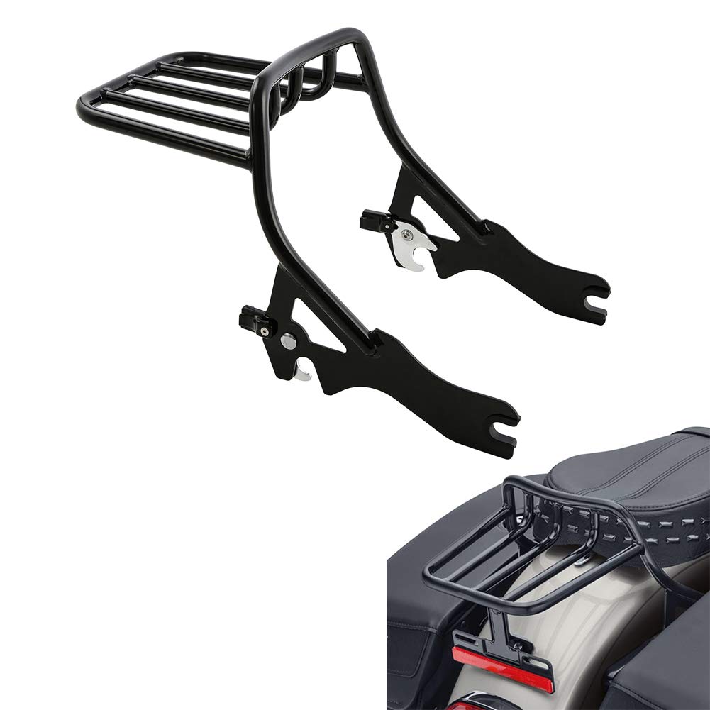 Low Profile Two-Up Seats Luggage Rack for Harley Davidson Softail FLDE FLHC FLHCS FLSL FXBB (2018+) - Gloss Black | Heavy-Duty Rear Cargo Carrier for Motorcycle Touring & Long-Distance Riding