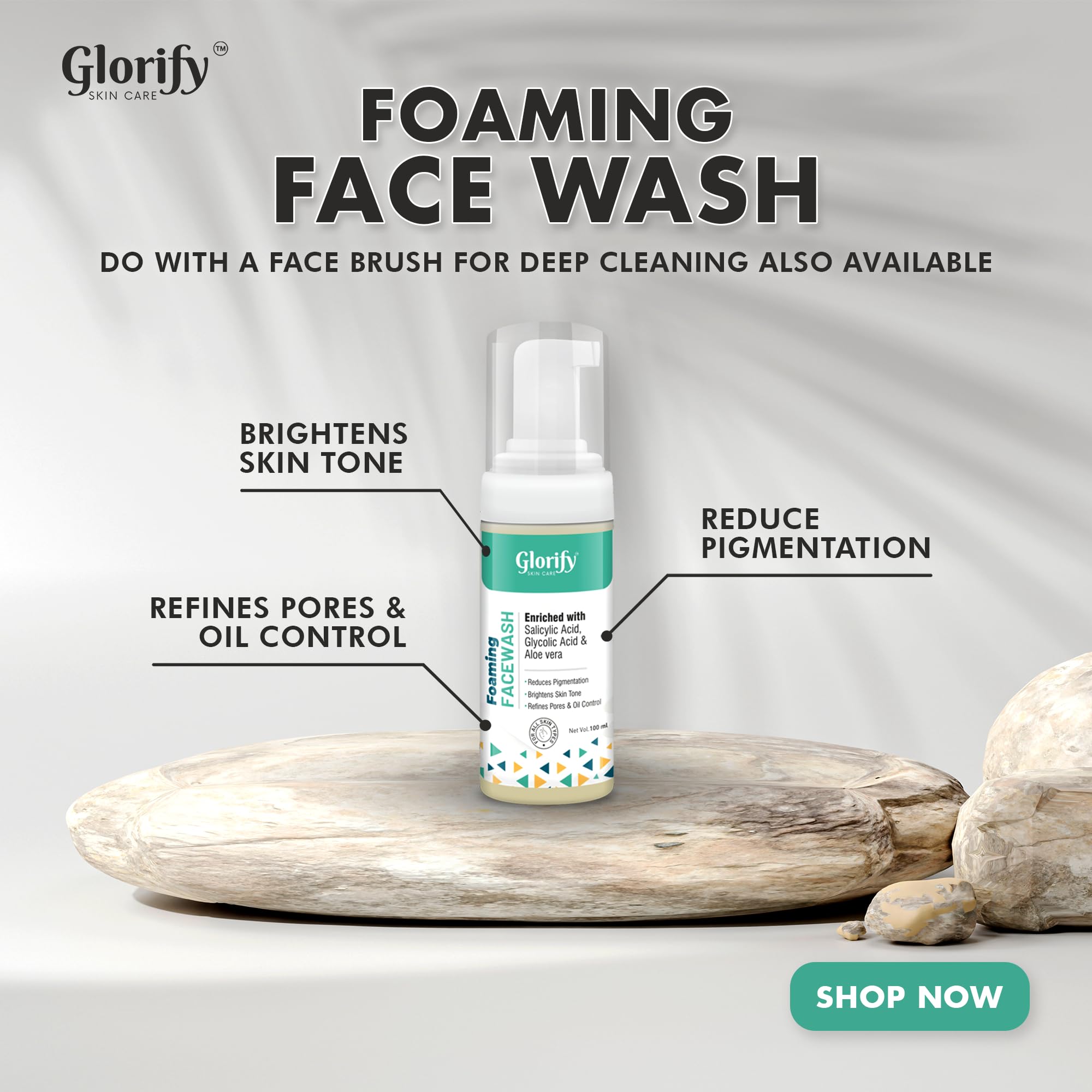 Glorify Foaming Face Wash for Brightening Skin [100ml] - Reduces Pigmentation, Refines Pores & Controls Oil | Gentle Daily Cleanser for Oily & Combination Skin, Perfect for Morning & Night Routine
