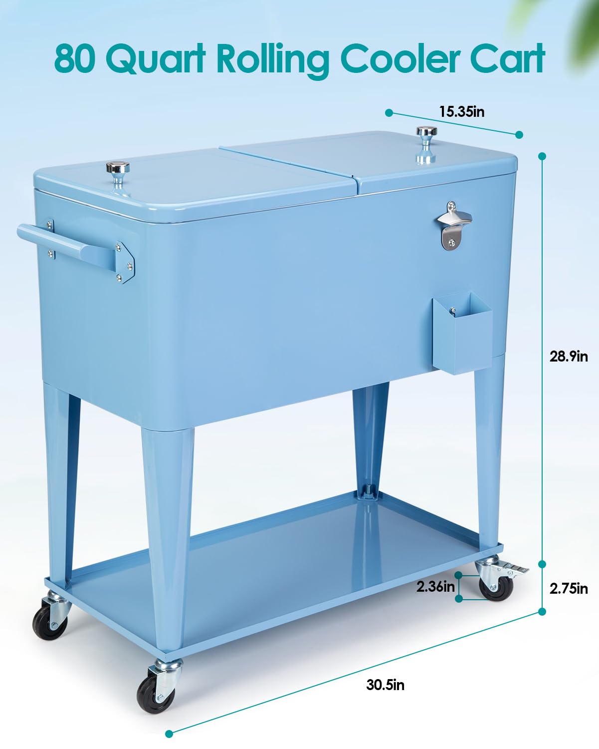 80 Quart Rolling Patio Cooler Cart with Wheels - Portable Beverage Ice Chest, Built-in Shelf & Bottle Opener, Stand-Up Cooler with Handles for Outdoor Parties, Beach, Camping & Tailgating (Blue)