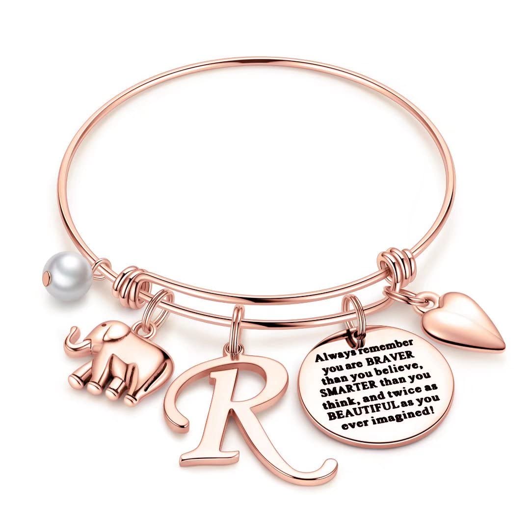 Rose Gold Initial Elephant Charm Bracelet for Women & Girls - Personalized Inspirational Jewelry Gift for Mom, Daughter, Friends - Birthday, Graduation, Mother's Day Present - Perfect for Everyday Wear & Special Occasions