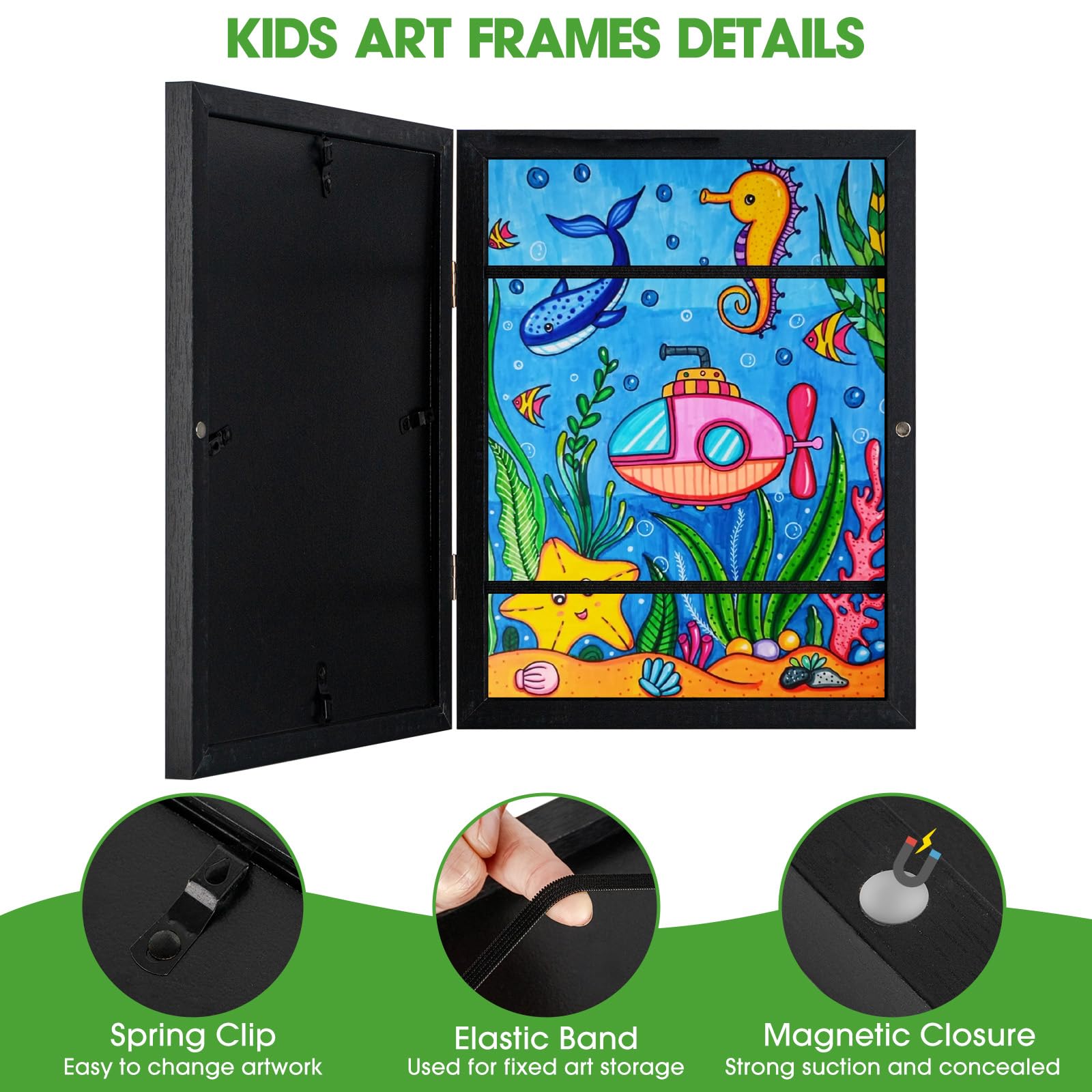 AIOR Kids Art Frame - 8.5 x 11 Front Opening Picture Frame for Children's Artwork | Holds 150 A4 Drawings & Projects | Changeable Display with Stand | Perfect for Classroom Decor, Home Gallery & Gift (Black)