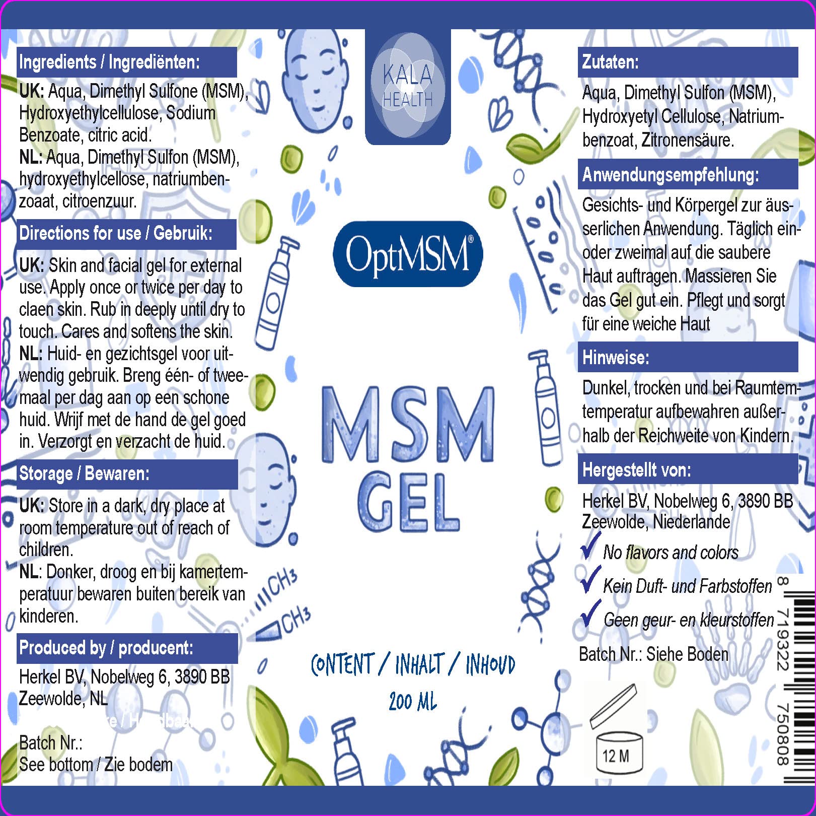 Kala MSM Skin & Facial Gel Lotion - 200ml Pure OptiMSM Gel for Skin Care & Topical Use | Hydrates, Soothes & Repairs Dry Skin - Perfect for Daily Facial Moisturizer & Body Lotion