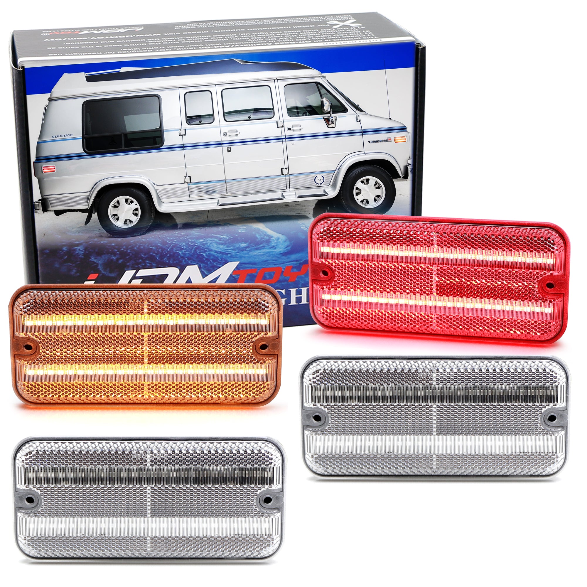 Amber/Red LED Front and Rear Side Marker Lights for 1985-1995 GMC Chevy Van - Clear Lens - Enhanced Visibility for Night Driving and Off-Road Adventures