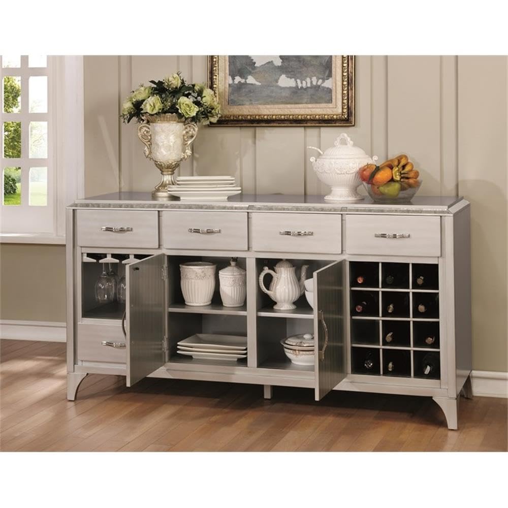 Furniture of America Desi Wood Dining Buffet Cabinet with Wine Rack in Silver - Modern Sideboard for Dining Room Storage & Entertaining