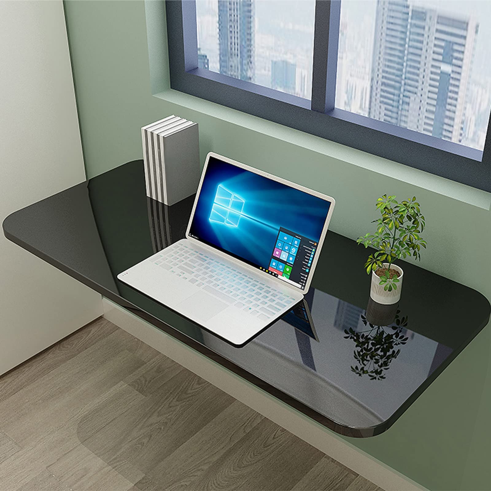 LIGUOYI Wall Mounted Floating Desk - Space Saving Computer Desk & Dining Table for Small Spaces | Easy to Clean Wooden Wall Table in Black, Blue, White, Yellow | Perfect for Home Office, Kitchen & Compact Living Areas