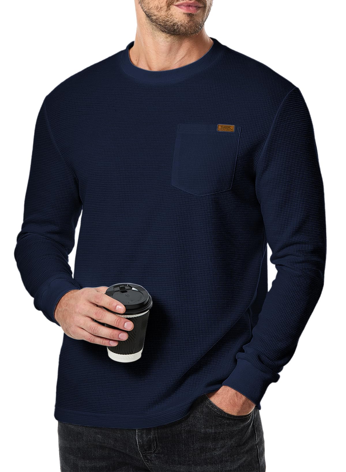 Men's Long Sleeve Casual Crewneck Sweater - Lightweight Honeycomb Waffle Knit Shirt with Pocket | Perfect for Fall Layering & Office Wear