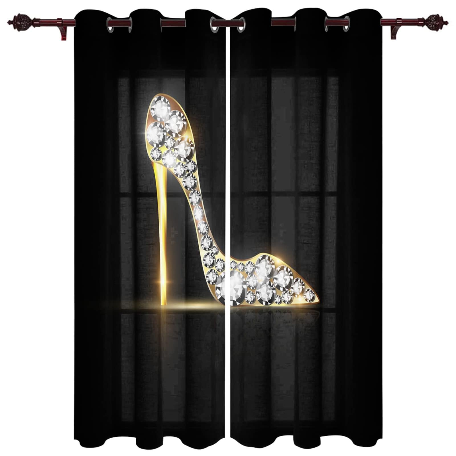 Blackout Thermal Insulated 3D Printed Grommet Window Curtains - Girl Jewel Glitter High Heels Design - 52