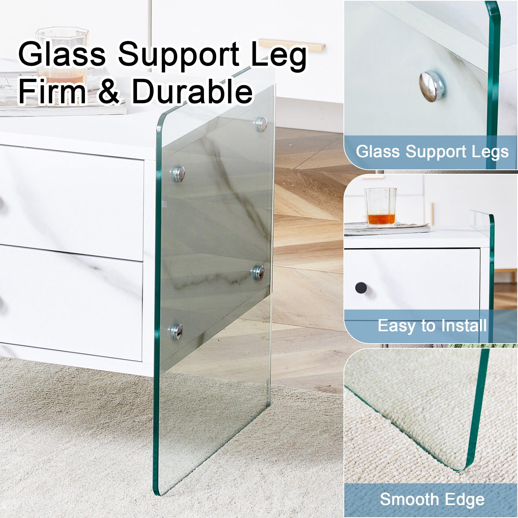 Modern Double Drawer Bedside Table with MDF Sticker Surface & Tempered Glass Sides - Simple Elegant Design, Excellent Storage for Bedroom, Living Room, or Office Use