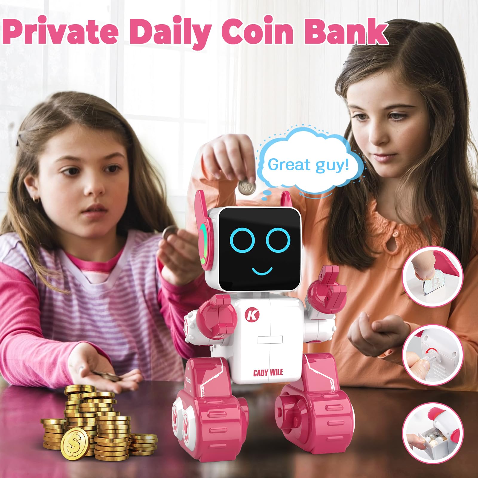 Smart Robot Toy for Kids - Programmable RC Robot with LED & Coin Bank, Perfect Gift for Boys & Girls (Pink) - Play & Learn STEM Toy