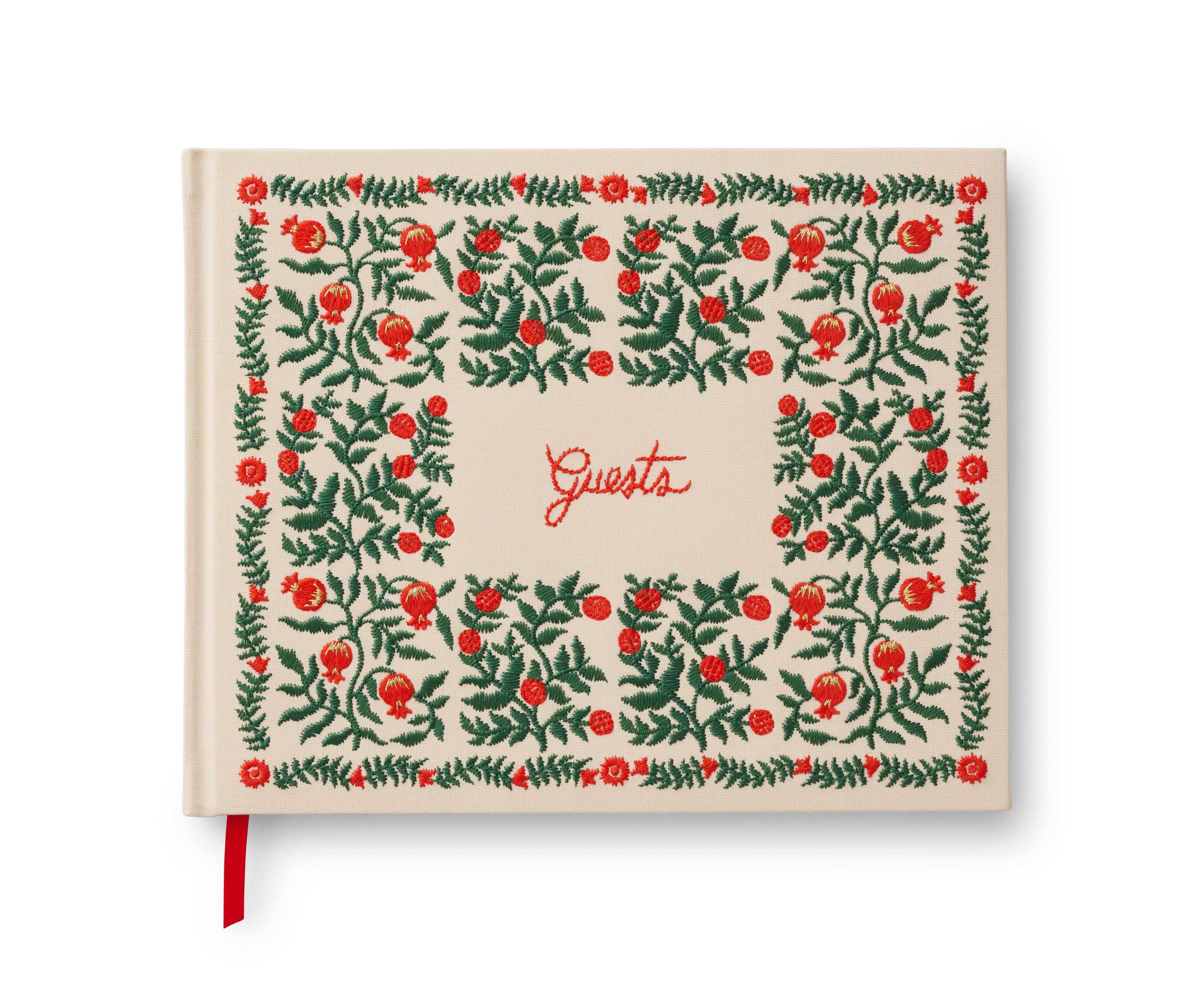 Elegant Pomegranate Embroidered Fabric Guest Book for Weddings, Baby Showers & Special Events - Christmas Holiday Keepsake