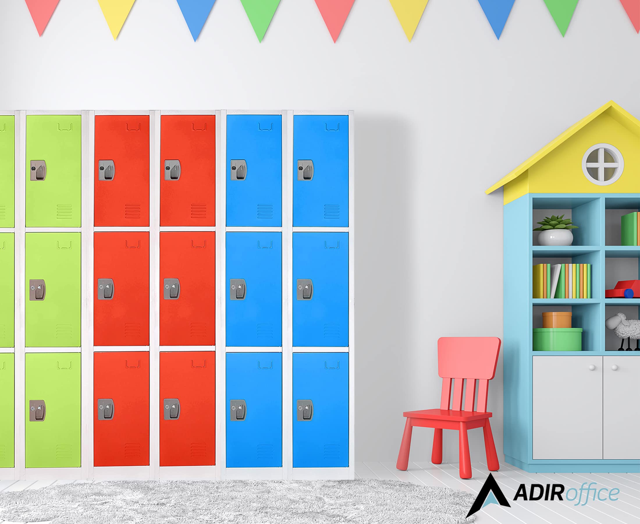 AdirOffice 3-Door Large Metal School Locker with Hooks - Heavy Duty Storage Cabinet for School, Office, Garage Organization - Red (Perfect for Backpack Storage, Sports Equipment & Work Tools)