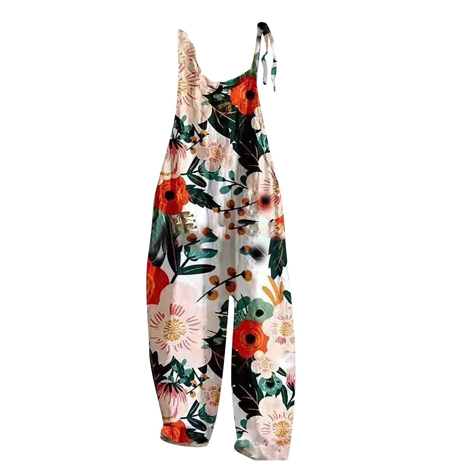 Women's Floral Cotton Jumpsuit - Sleeveless Spaghetti Strap Romper with Tie Detail | Casual & Dressy Overalls for Summer, Beach, Party & Everyday Wear