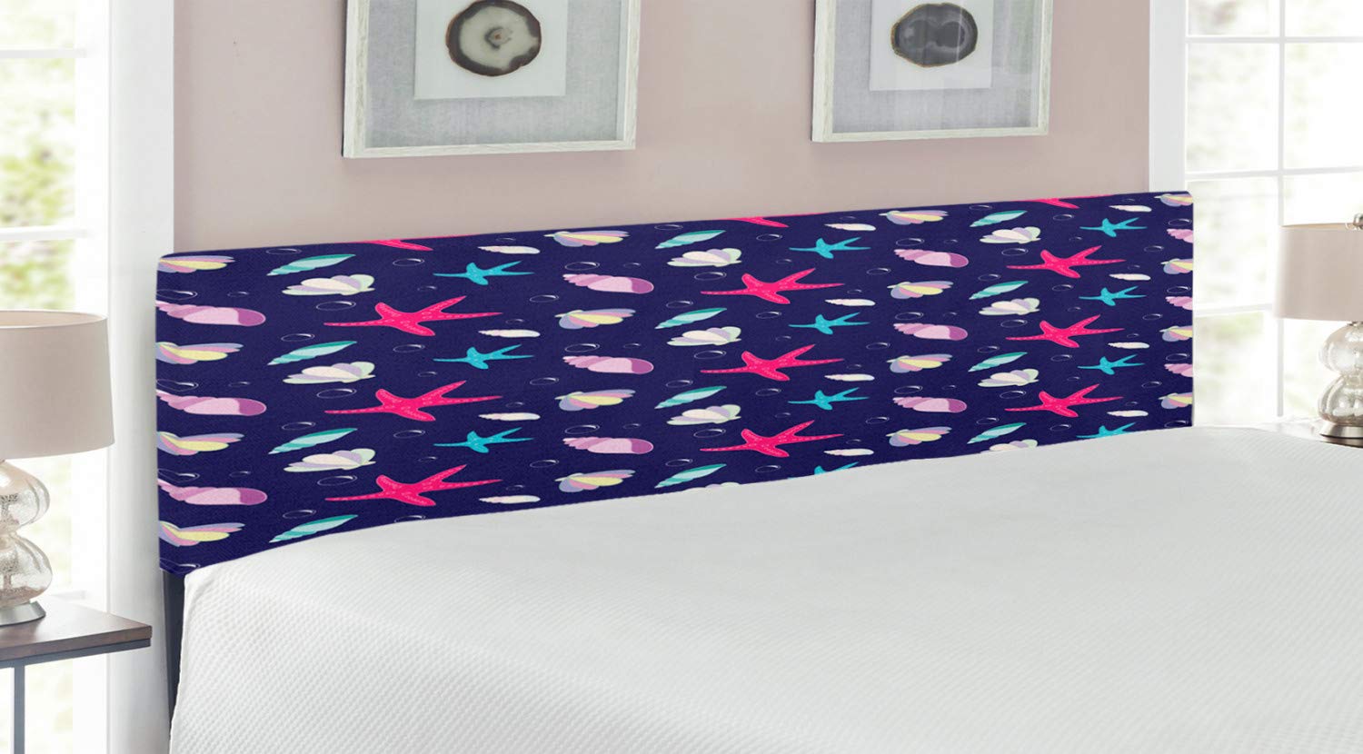 Ambesonne King Size Upholstered Headboard - Nautical Marine Pattern with Shells, Starfish & Bubbles, Navy & Blush Decorative Metal Bed Headboard with Memory Foam | Perfect for Coastal, Beach House or Nautical Theme Bedrooms