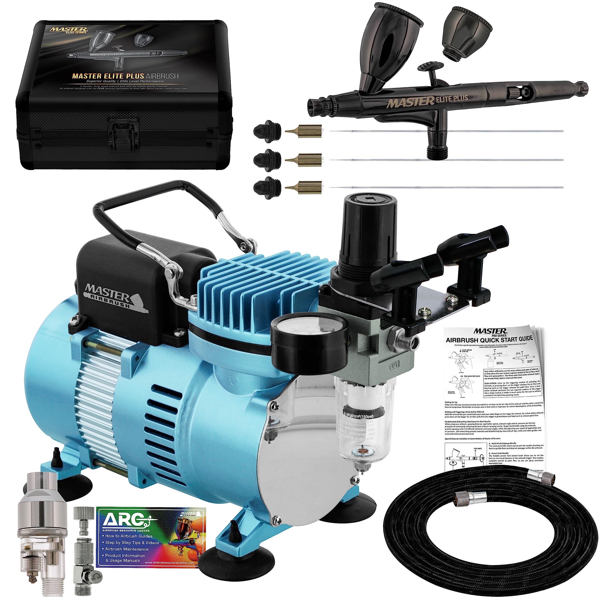 Master Airbrush Cool Runner II Dual Fan Air Compressor Kit with Elite Plus Ultimate Airbrush Set - 3 Nozzles (0.2mm, 0.3mm, 0.5mm), Dual-Action, Case, Hose Holder & Filter - Perfect for Hobby Painting, Model Building, Cake Decorating & Nail Art