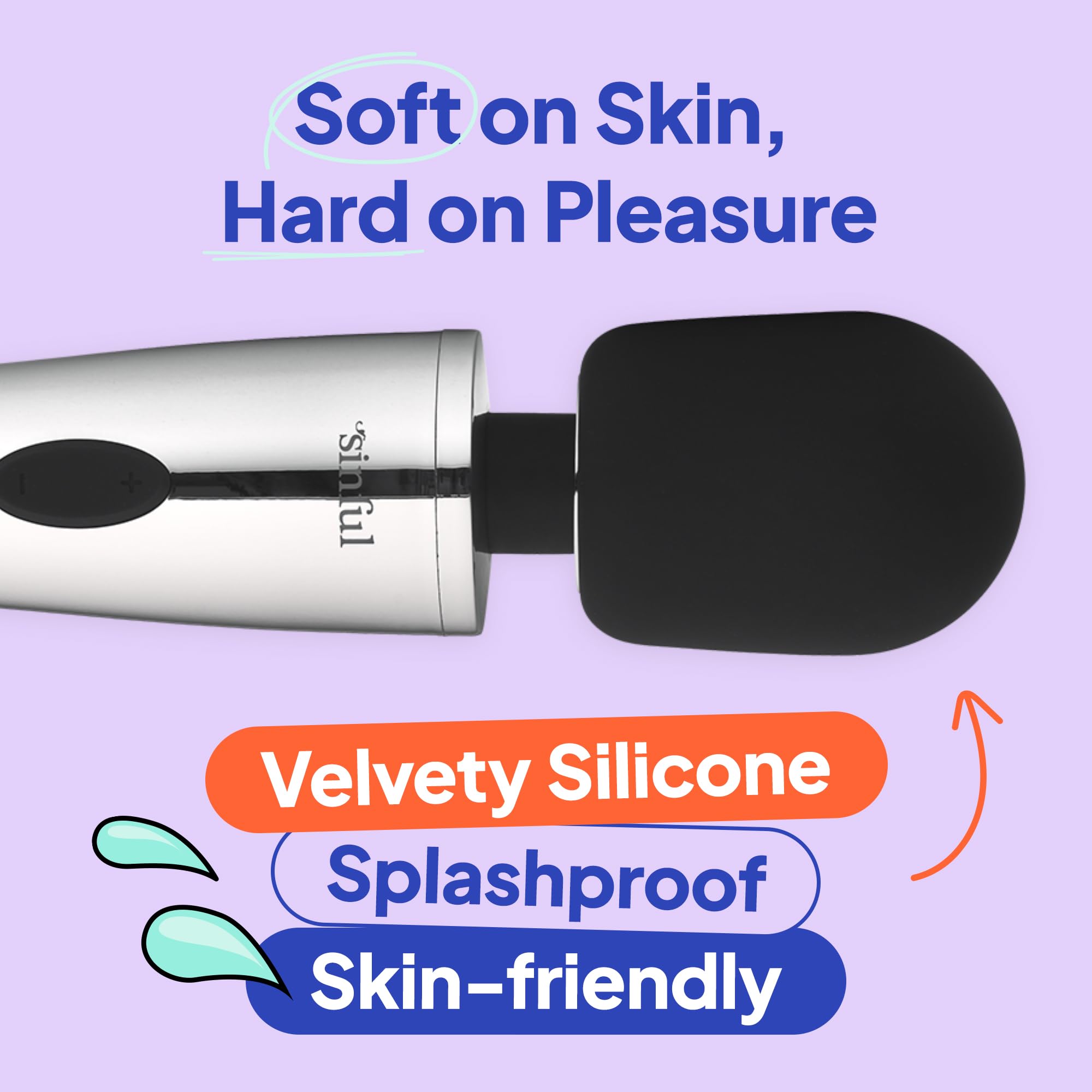 Sinful Luxy Powerful Body Massager - Waterproof & Ultra Quiet Magic Wand Vibrator for Women - 10 Speed Rechargeable Adult Massage Toy - Perfect for Couples, Solo Play & Stress Relief - Silver