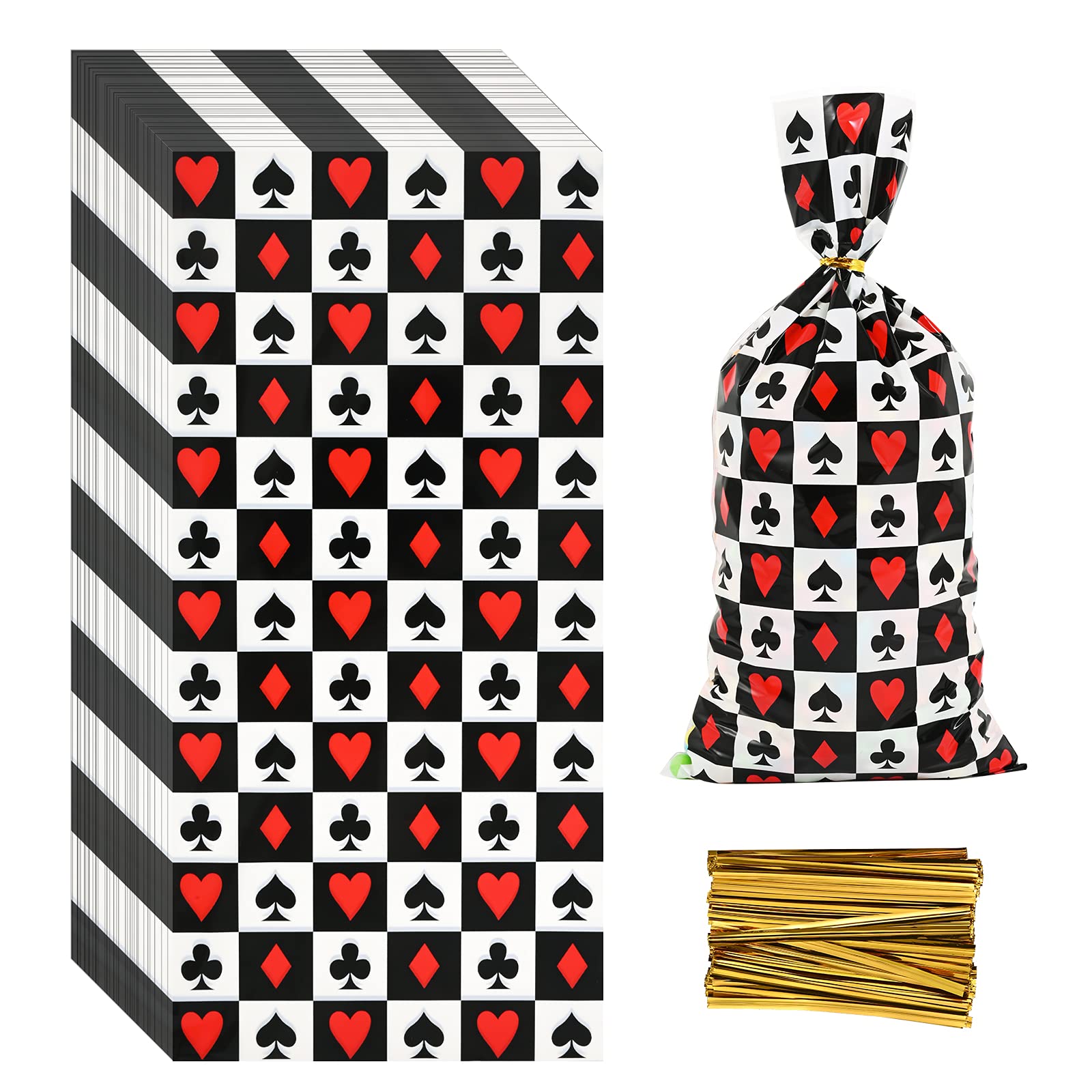 100 Pcs Casino Treat Bags - Poker Print Cellophane Candy Bags with Twist Ties for Casino Theme Party, Birthday, Poker Night & Game Night Supplies - Perfect for Casino Parties, Poker Events, Birthday Favors & Candy Packaging