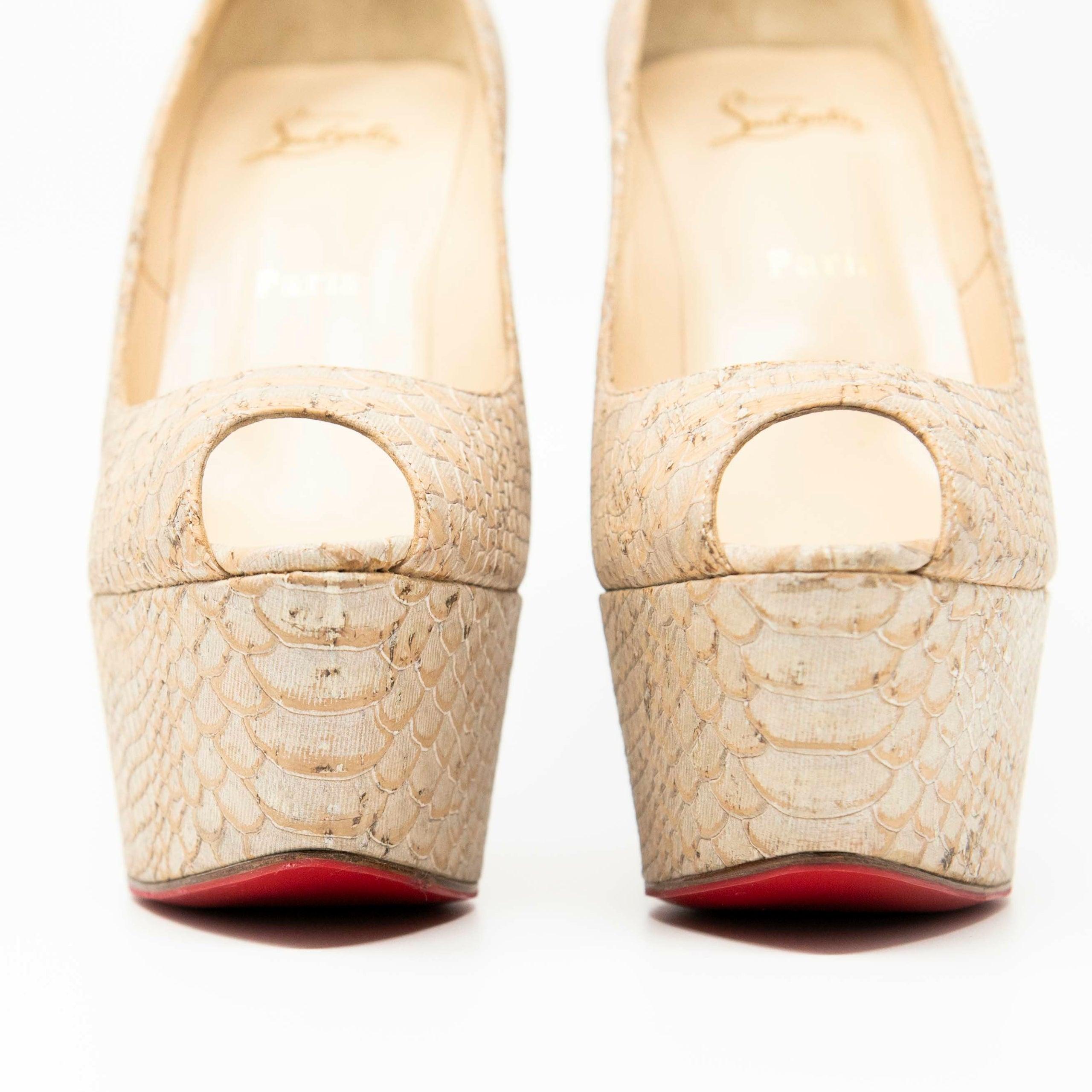 Christian Louboutin Beige Snake Print Lady Peep Toe Pumps Size 40.5 - Elegant High Heels for Women, Perfect for Parties, Weddings & Evening Events