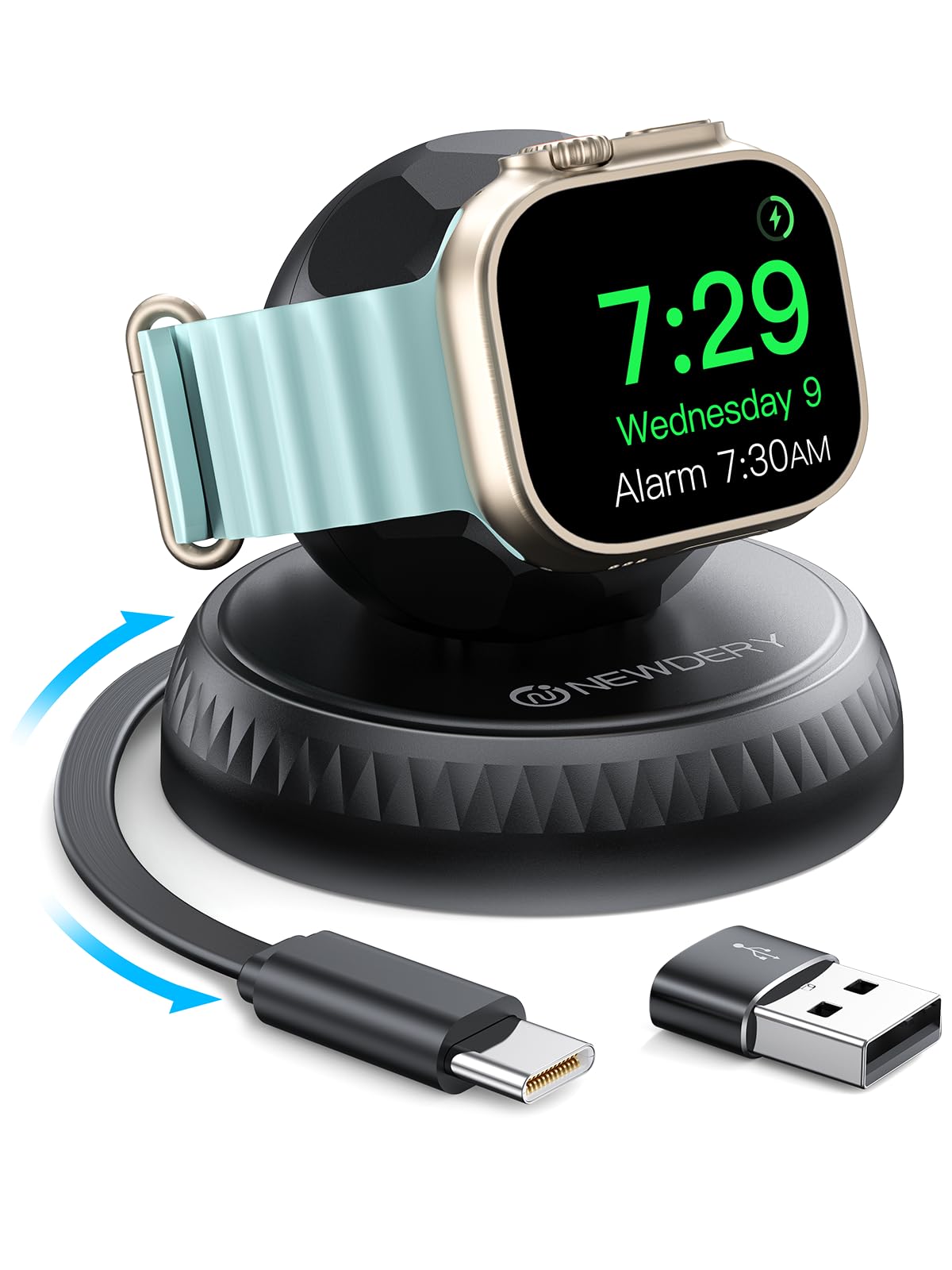 NEWDERY Retractable Apple Watch Charger Stand - Portable Fast Wireless Magnetic Charging Dock with USB-C Cable for iWatch Ultra/Series 10/SE/9/8/7/6/5/4/3/2/1 - Perfect for Travel, Office & Nightstand Charging (Black)