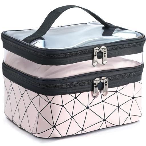 Zollyss Double Layer Waterproof Makeup Bag for Women - Travel Cosmetic Organizer Pouch, Toiletry Case for Girls (Pink) - Perfect for Travel, Gym, and Daily Beauty Storage