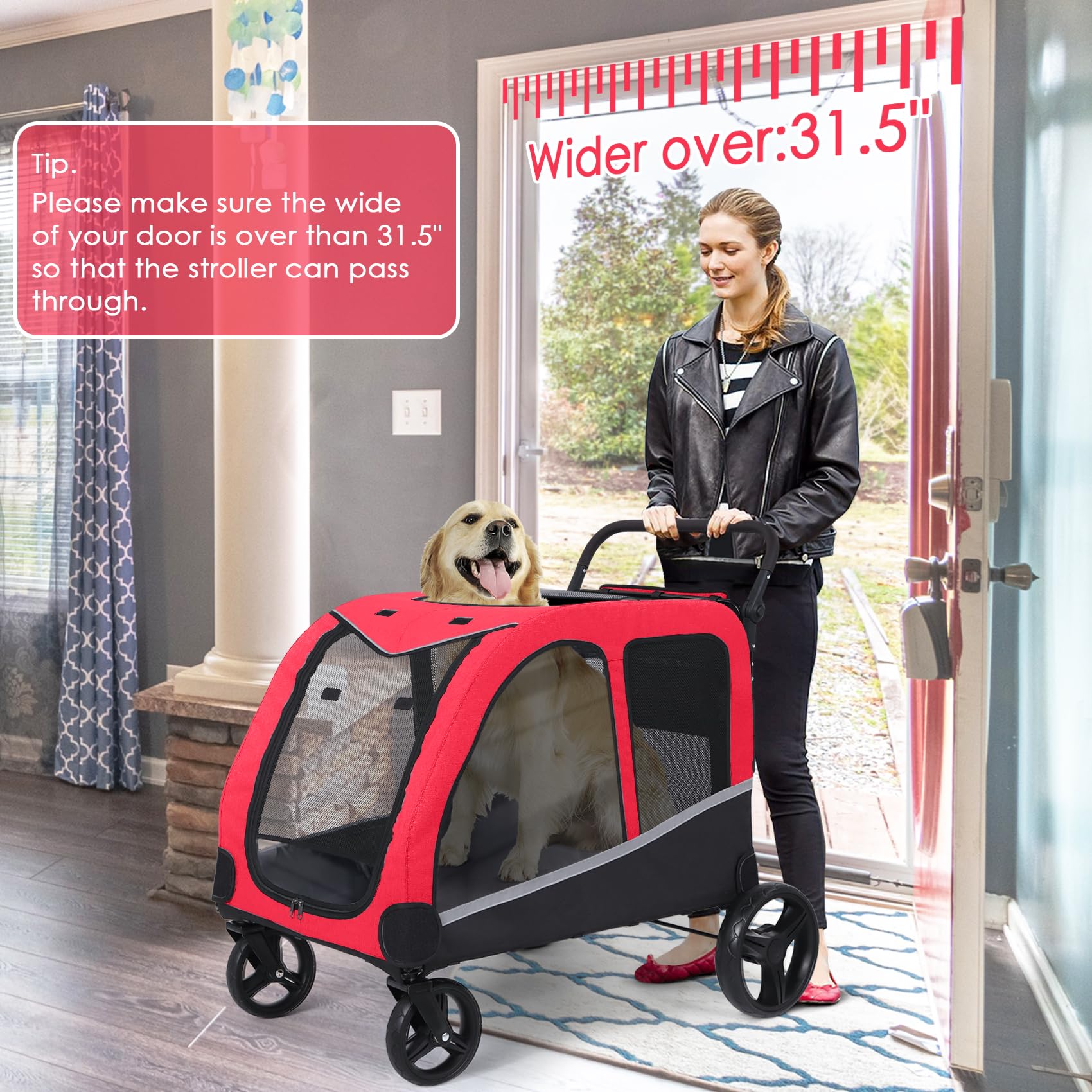 Extra Large Dog Stroller for 2 Dogs - Heavy Duty Pet Wagon & Carriage up to 160 lbs, Foldable Design with Adjustable Handle & Storage Pocket (Red) - Perfect for Walking, Shopping & Outdoor Adventures with Your Pets