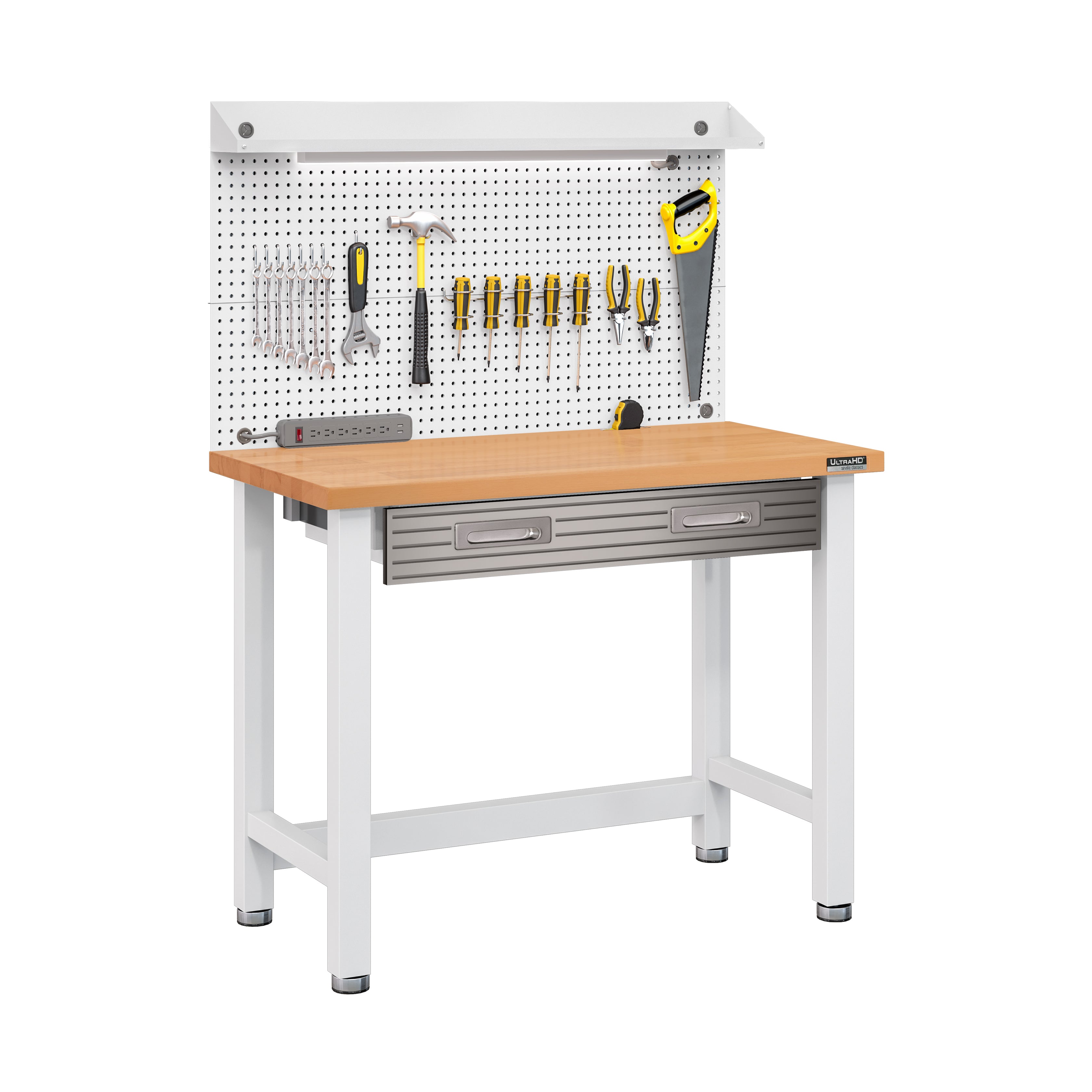 UltraHD® Lighted Workbench with Wooden Top & Pegboard - Perfect for DIY Projects, Home Workshops, and Garage Organization