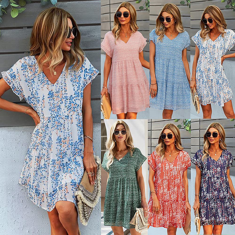 Boho Floral Mini Dress for Women - Flowy Loose High Waist Chiffon Summer Dress with Ruffle Sleeves | Beach Wedding, Vacation & Party Wear | Swing Dress for Casual Outings & Date Nights