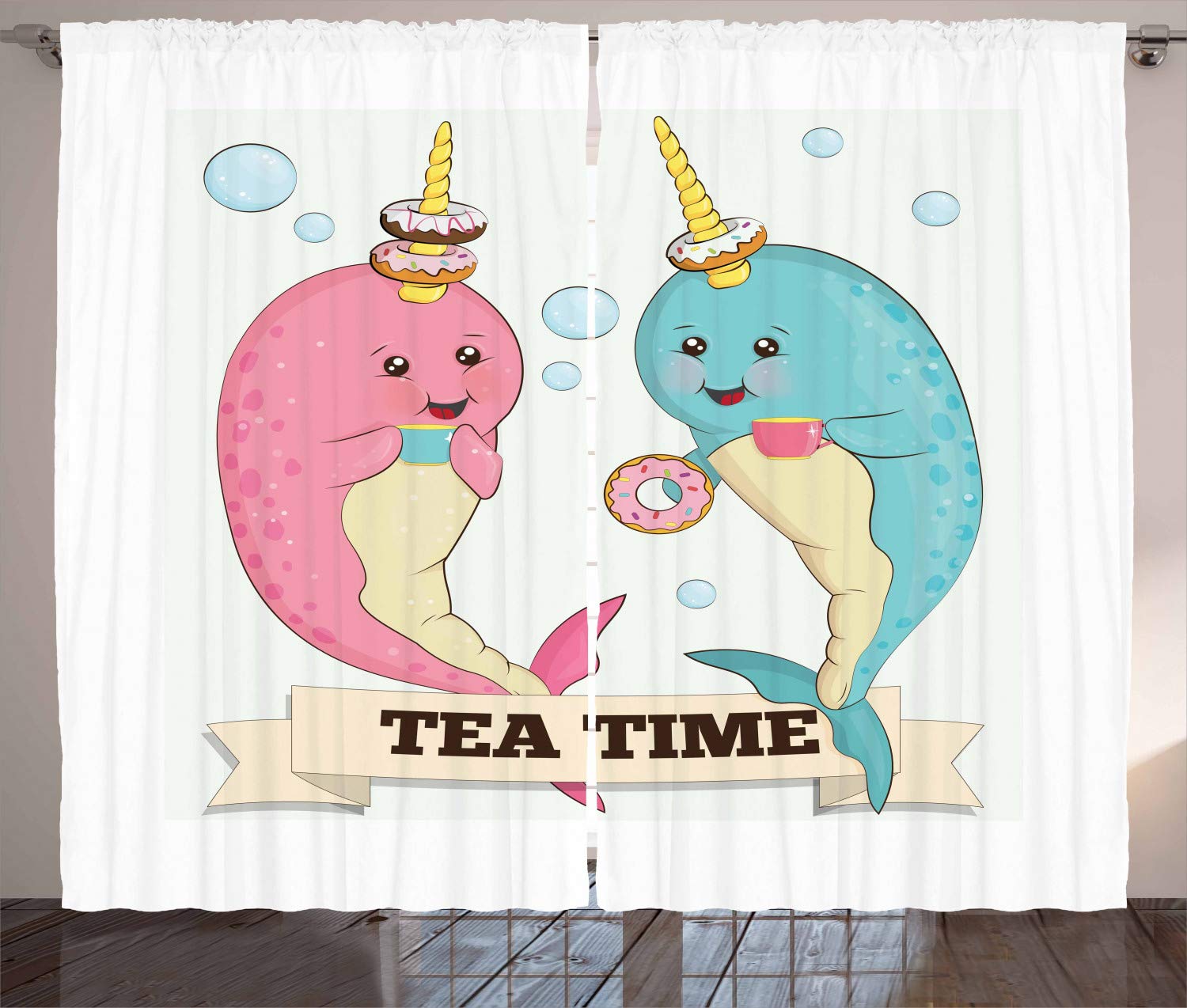 Ambesonne Narwhal Curtains - Whales Drinking Tea with Ocean Unicorn & Abstract Bubbles Design, 2 Panel Set for Living Room & Bedroom, 108x108 Inches, Pale Pink & Blue - Perfect for Kids Room, Nursery, or Coastal Themed Decor