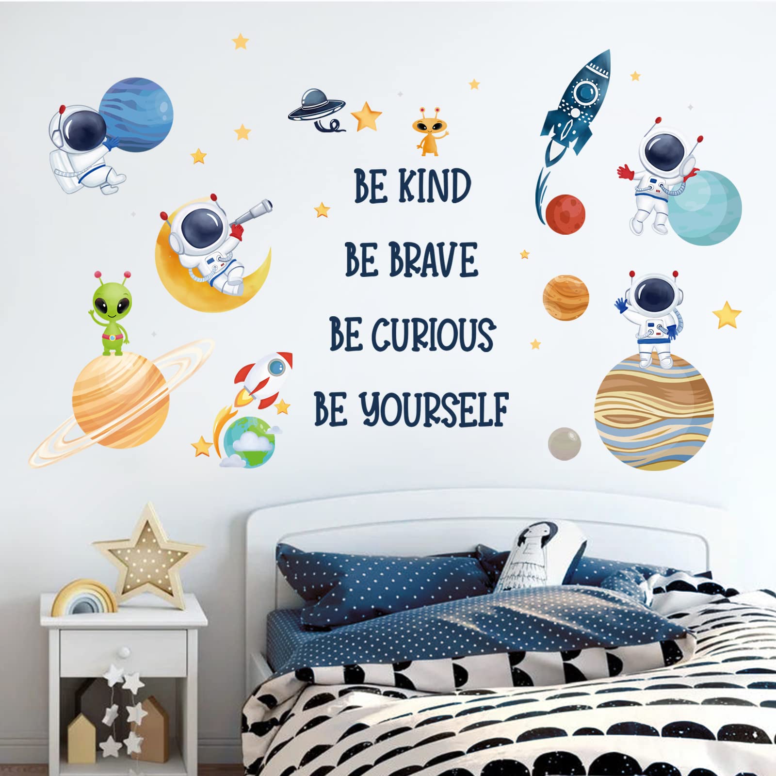 Wondever Planets Outer Space Wall Stickers - Inspirational Be Kind Be Brave Quote Astronaut Peel and Stick Wall Decals for Nursery, Kids Bedroom & Playroom - Perfect for Space Themed Room Decor & Educational Wall Art