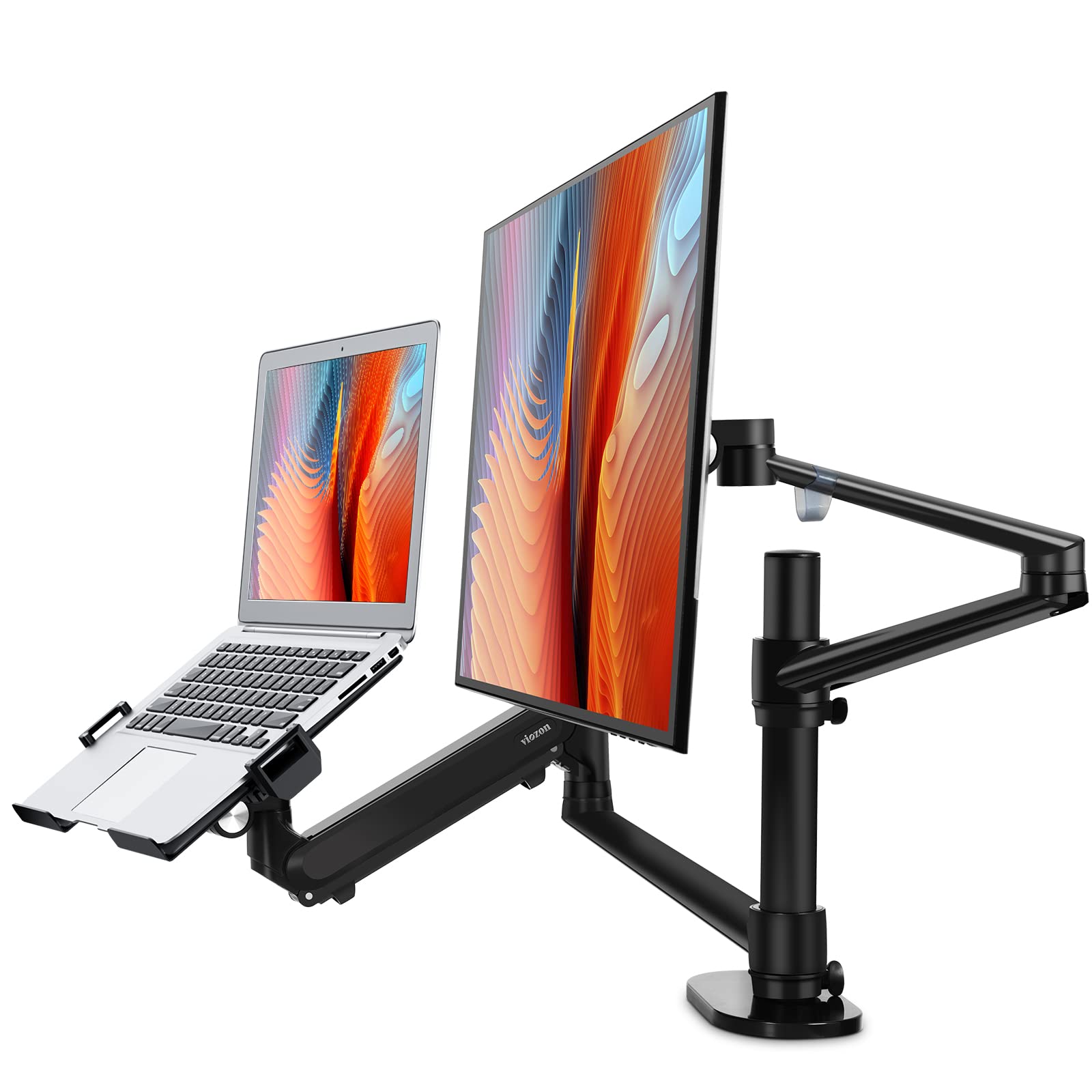 Viozon 2-in-1 Adjustable Dual Monitor Arm with Laptop Tray - Ergonomic Single Gas Spring Stand for 12-17