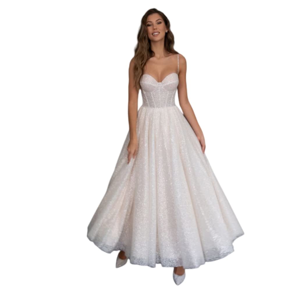 Elegant V-Neck Sleeveless Tea-Length Glitter Wedding Dress for Evening Party, Prom, Bridal Shower & Special Occasions